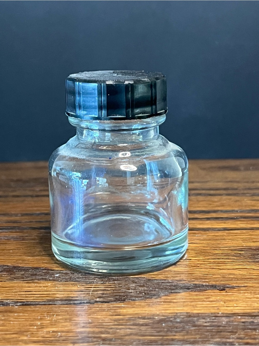 Vintage Clear Glass Inkwell with Black Glass Stopper 3”